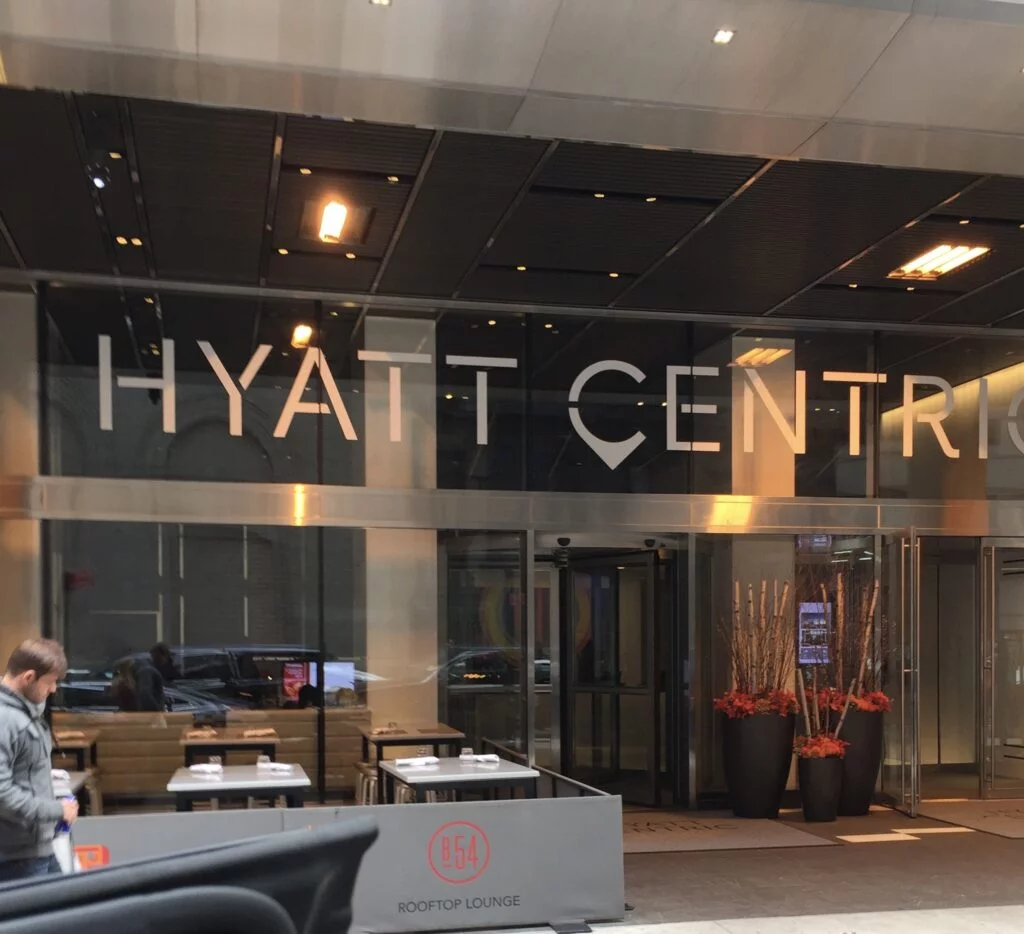 Lobby at Hyatt Centric: Stylish, welcoming lobby at the Hyatt Centric with comfortable seating, warm lighting, and contemporary decor, creating a chic ambiance for guests upon arrival.