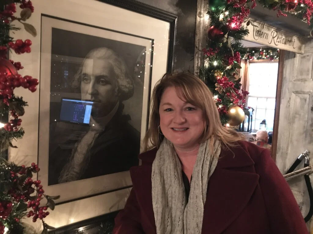 George Washington portrait and Sue of Sojourns With Sue
