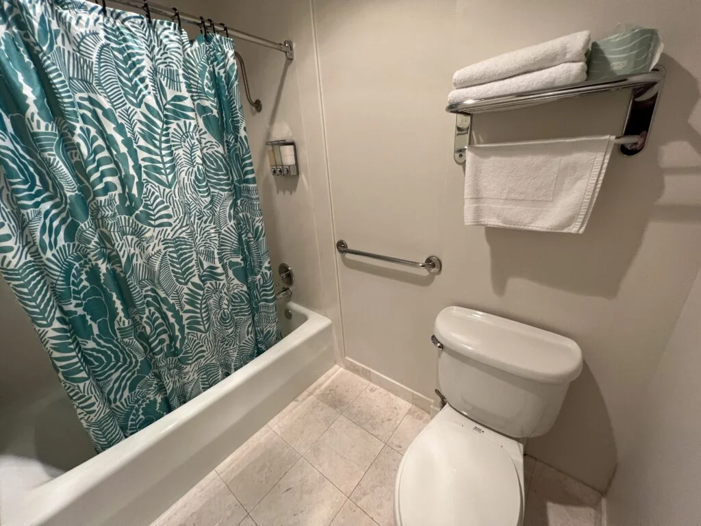 Clean bathroom with provided toiletries.