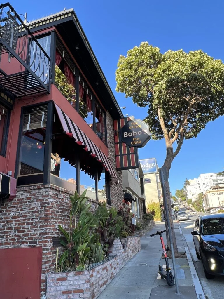 Exterior of Bobo's Restaurant on Lombard Street.