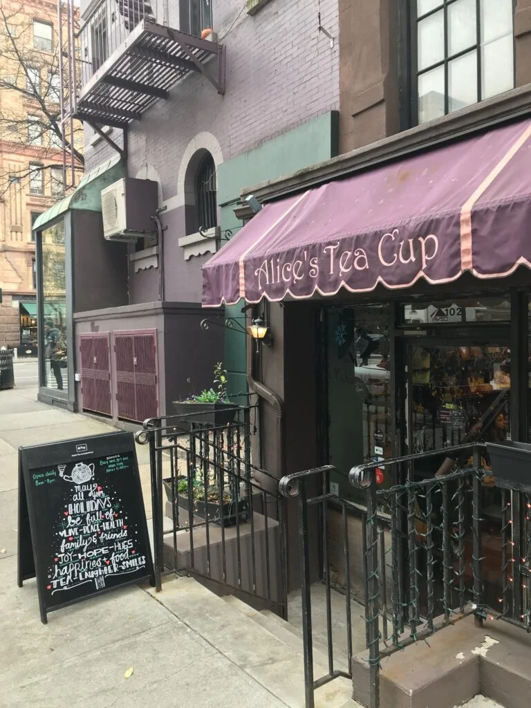 Front entrance of Alice’s Tea Cup on the Upper West Side, whimsical NYC tea room.