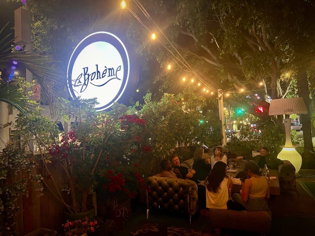 La Boheme restaurant West Hollywood sign and exterior seating
