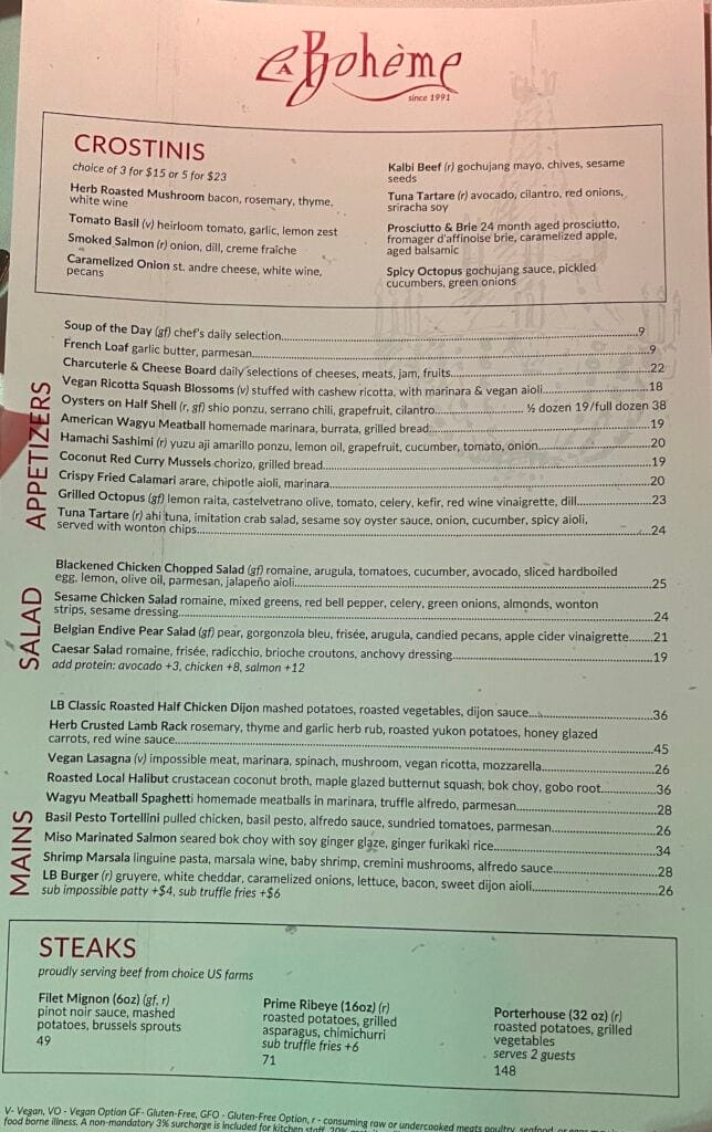 La Boheme restaurant West Hollywood menu