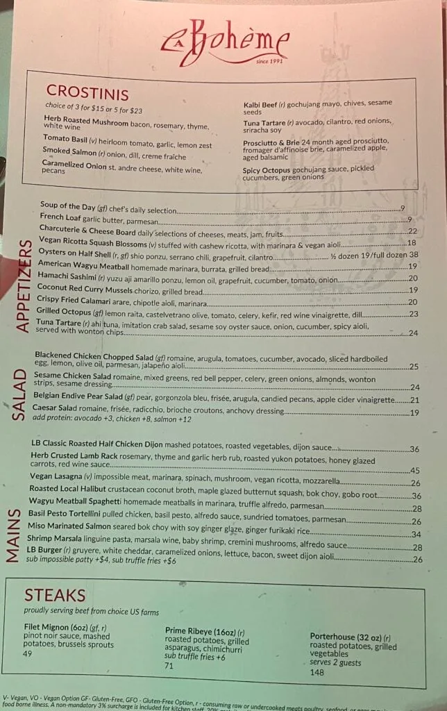 12 Fun and Unique Themed Restaurants in Los Angeles 49 La Boheme restaurant West Hollywood menu