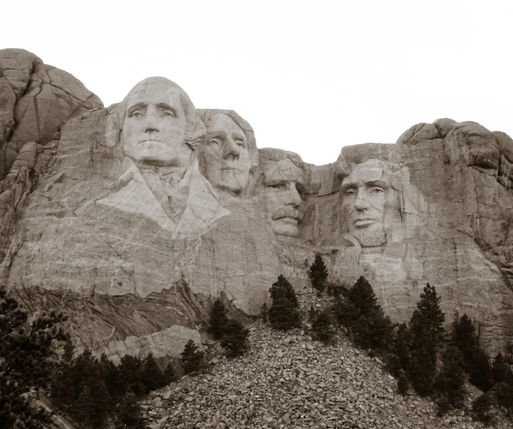 Iconic stone carvings of US presidents at Mount Rushmore National Memorial in South Dakota.