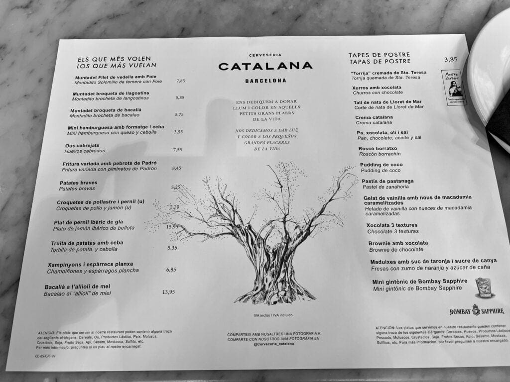 Catalana Restaurant Barcelona Menu