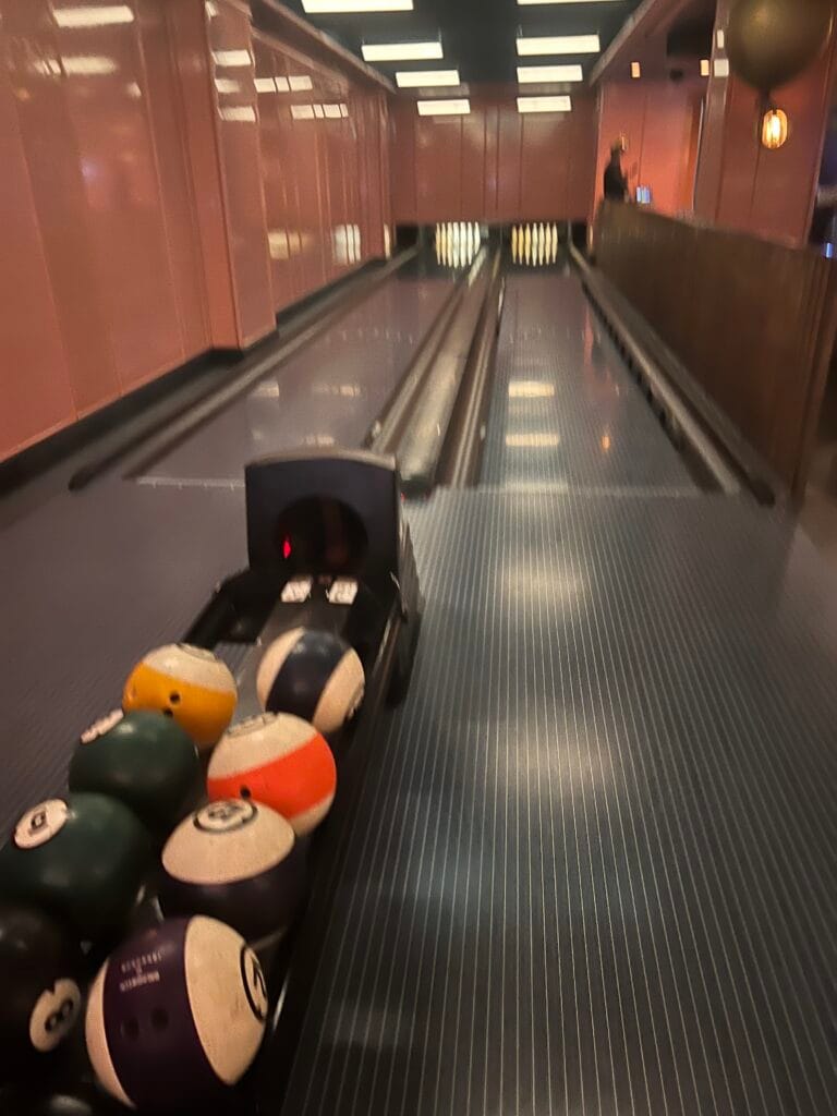 Basement bowling alley at the Sun Rose West Hollywood Hotel
