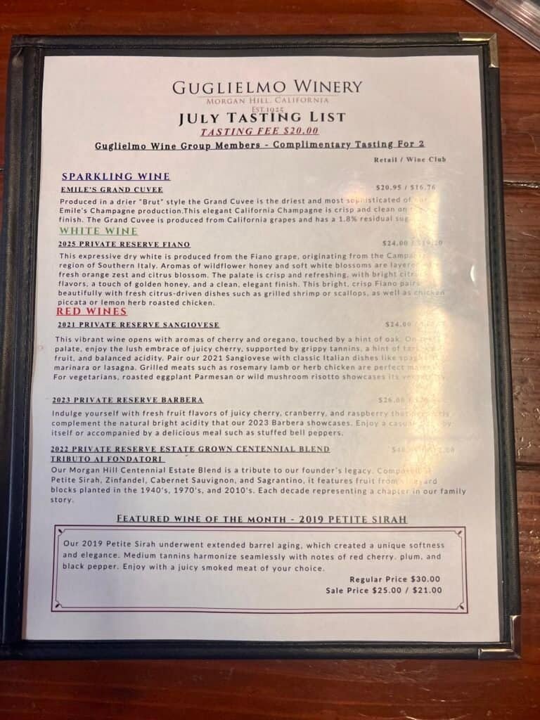 Guglielmo Winery tasting menu