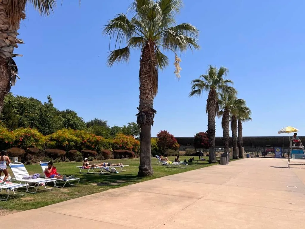 Open grass area beside the pool deck at the Morgan Hill Aquatics Center