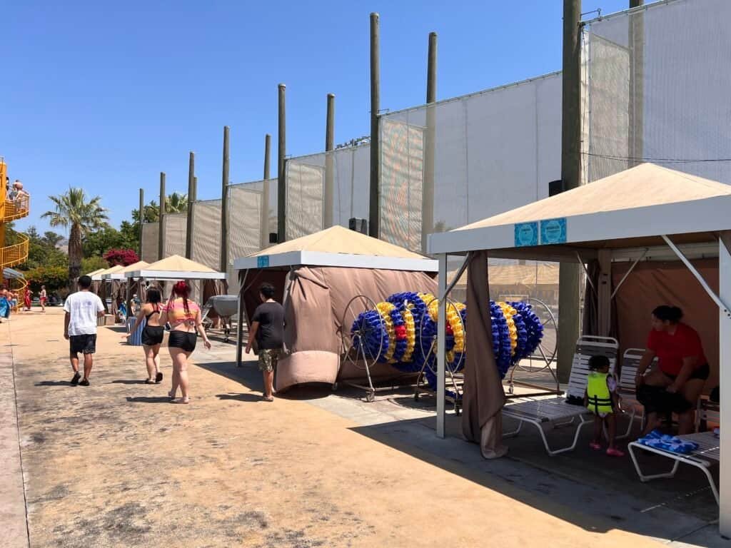 Row of rental cabanas along the pool deck at the Morgan Hill Aquatics Center