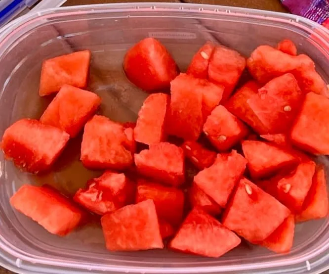 Watermelon chunks in a plastic storage container