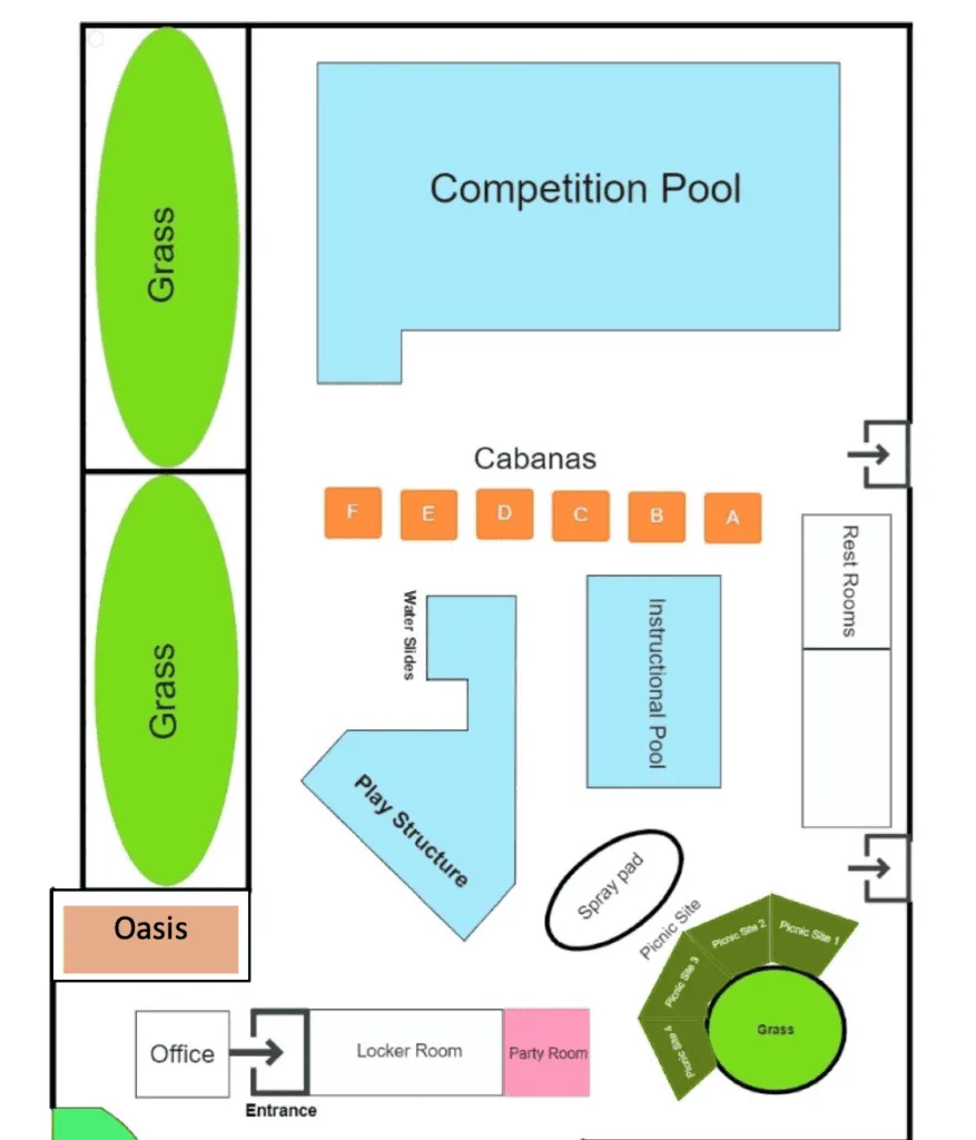 Morgan Hill Aquatics Center facility map showing Cabanas A through F above the play structure and instructional pool
