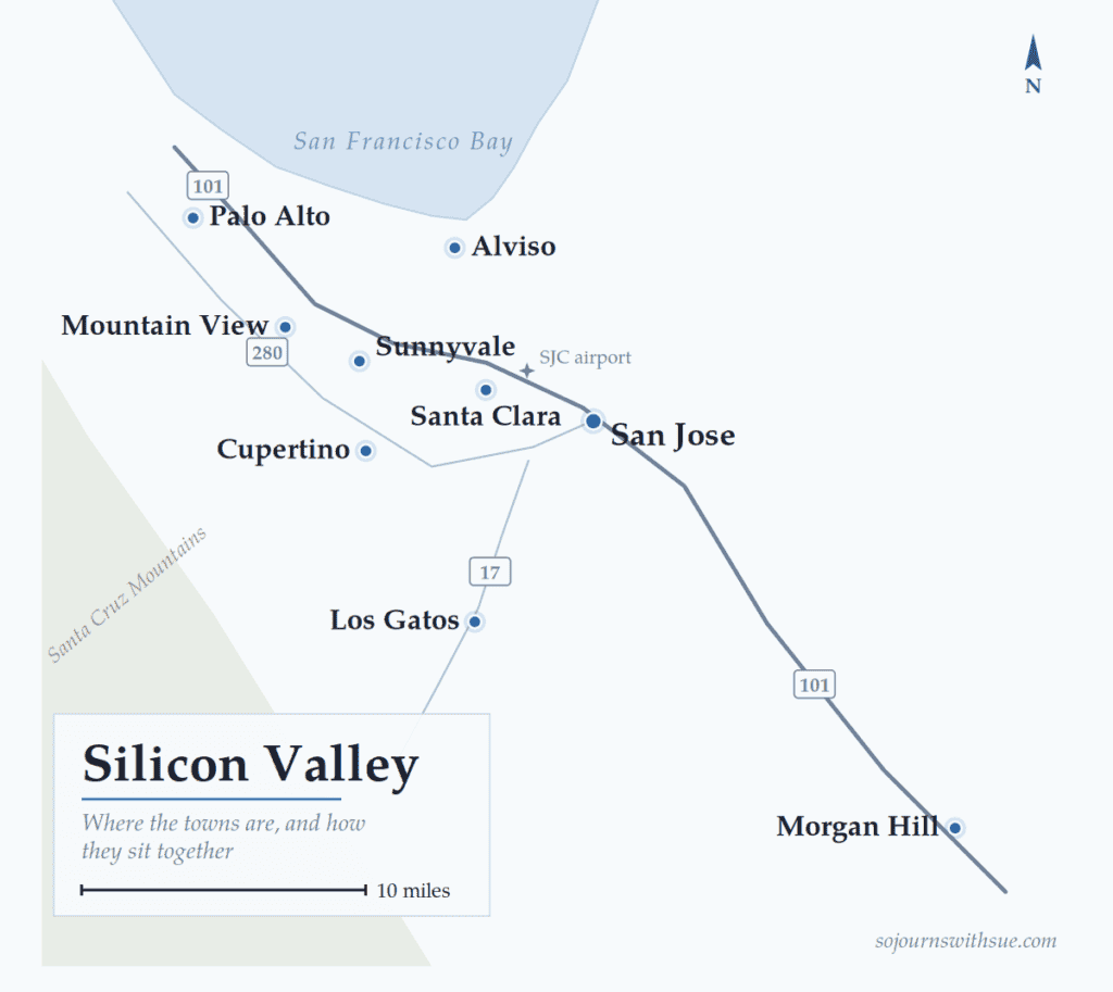 Things to Do in Silicon Valley: Where to Go, Eat & Stay 1 Map of Silicon Valley showing Palo Alto, Mountain View, Sunnyvale, Cupertino, Santa Clara, Alviso, San Jose, Los Gatos and Morgan Hill along Highway 101