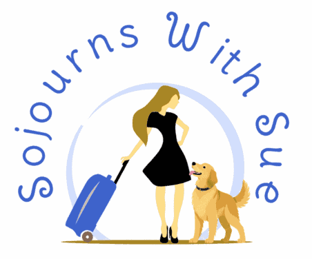 Sojourns With Sue logo with Ellie, a golden retriever